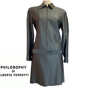 Philosophy Di Alberta ferretti Gray Silver Skirt Blazer Jacket Suit Sz 8